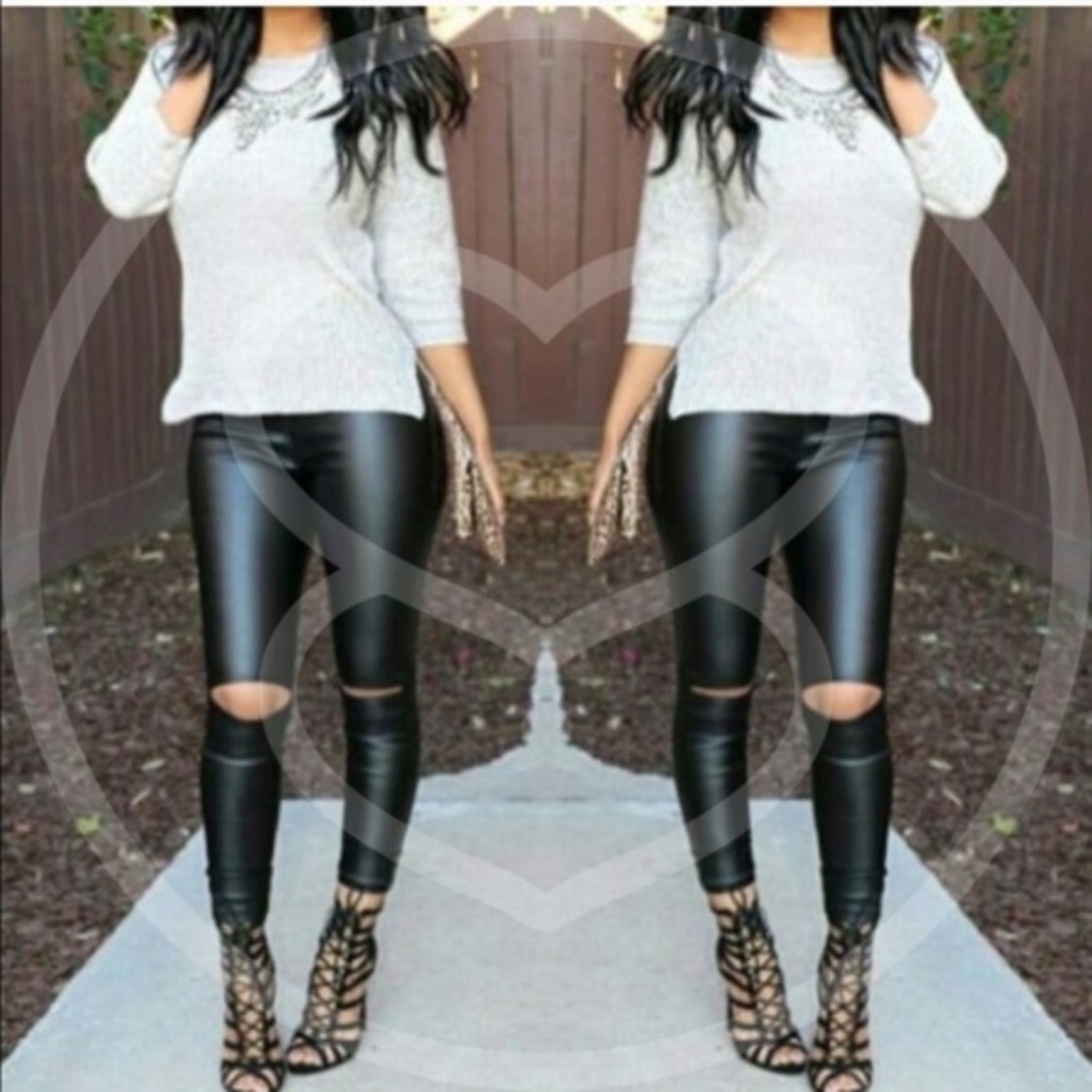 #19 Black Cut out knee Vegan leather high waist leggings - Picture 1 of 5